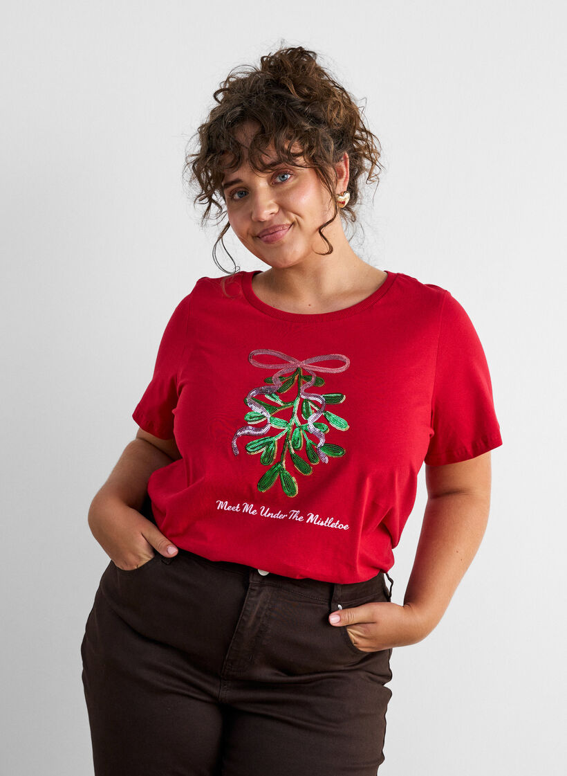 Kerst T-shirt van biologisch katoen, Rood, Model image number 0