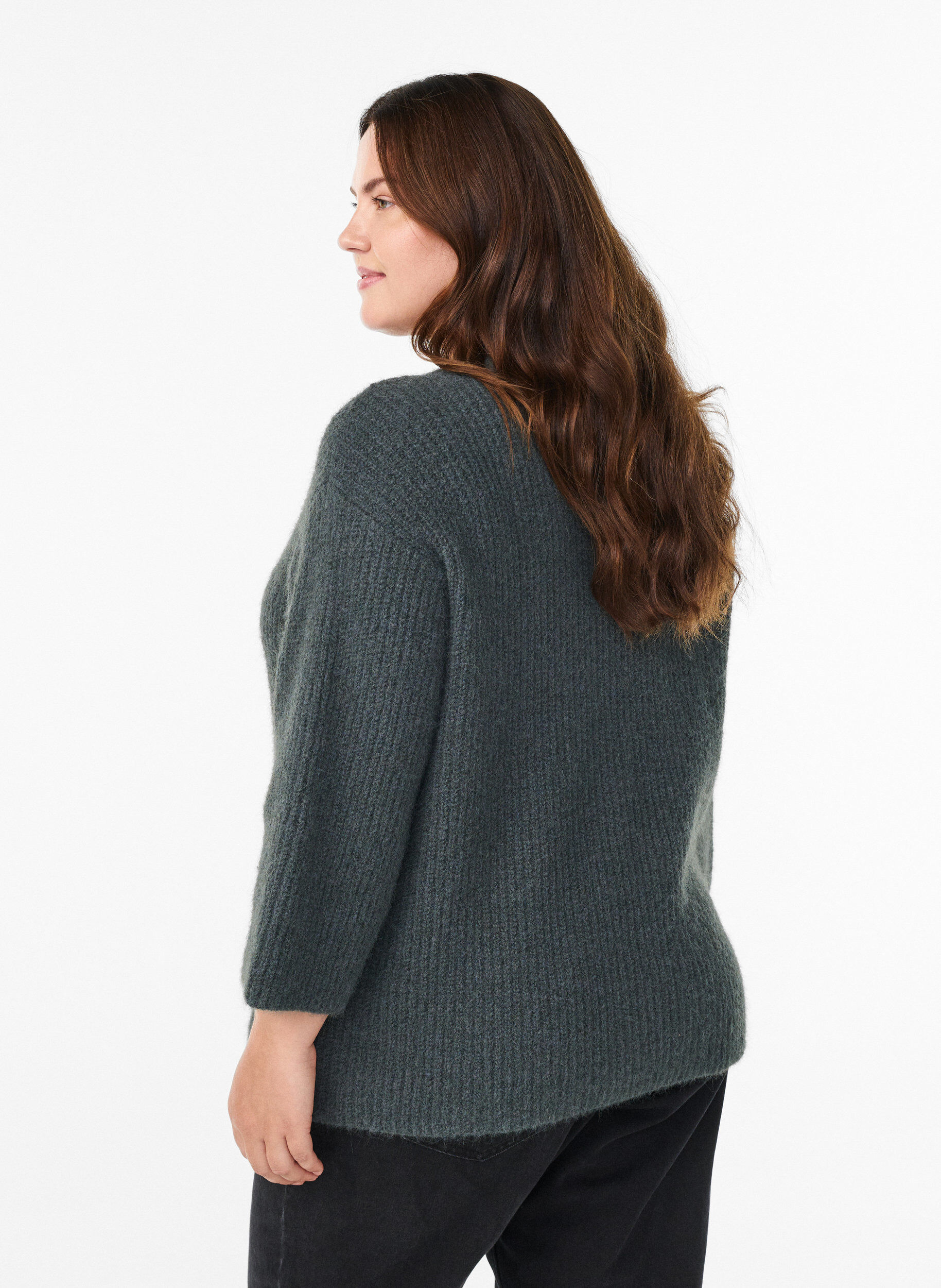 Zizzi Korte cardigan met 3/4-mouwen en gouden textuur knopen, Groen, Model image number 2