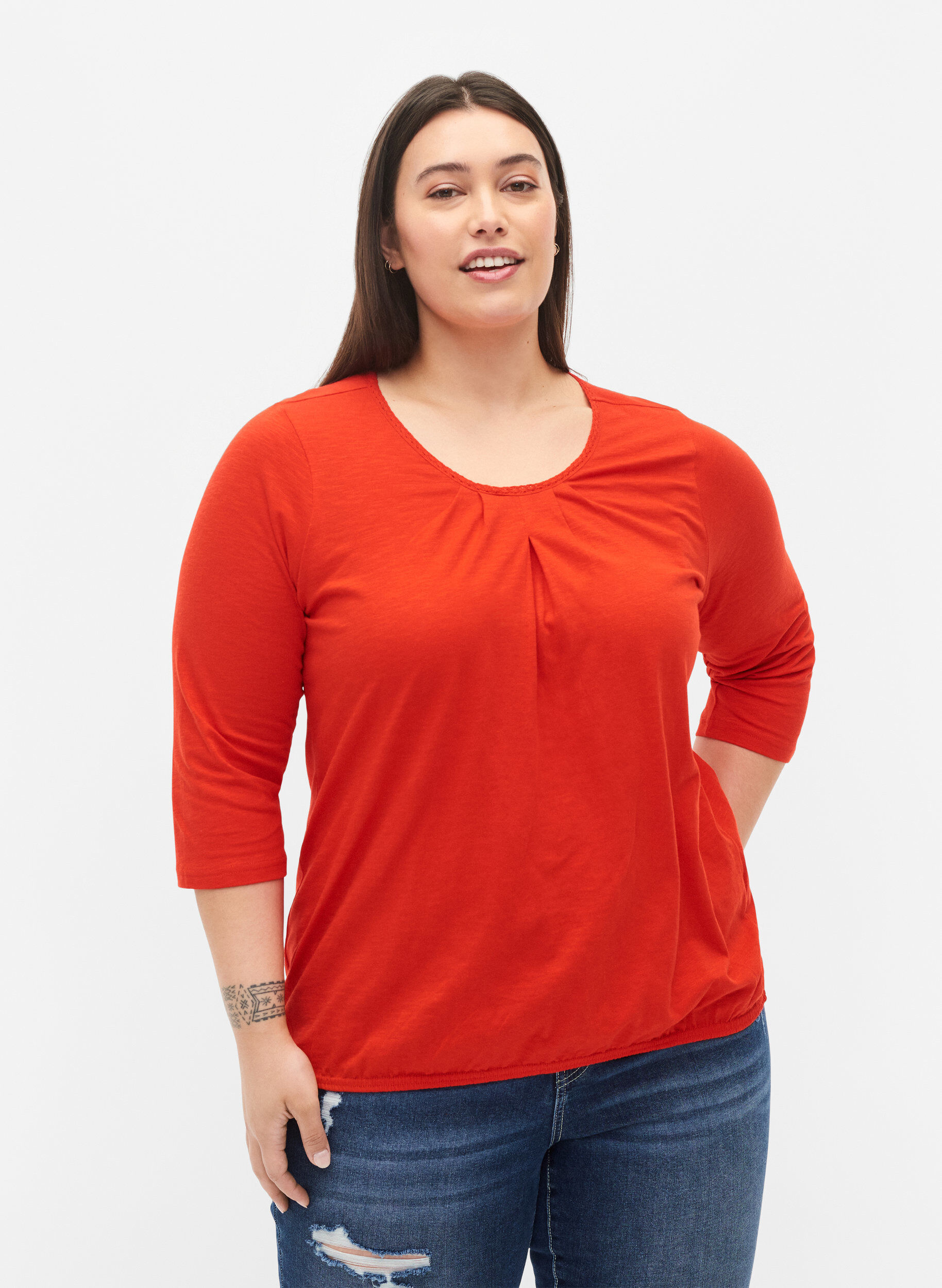 Zizzi Katoenen blouse met 3/4 mouwen, Fiery Red, Model image number 0