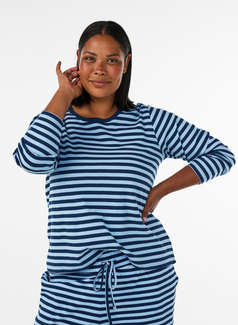 Nachtbovenstuk met lange mouwen in geribde jersey met strepen, Blauw, Model image number 0