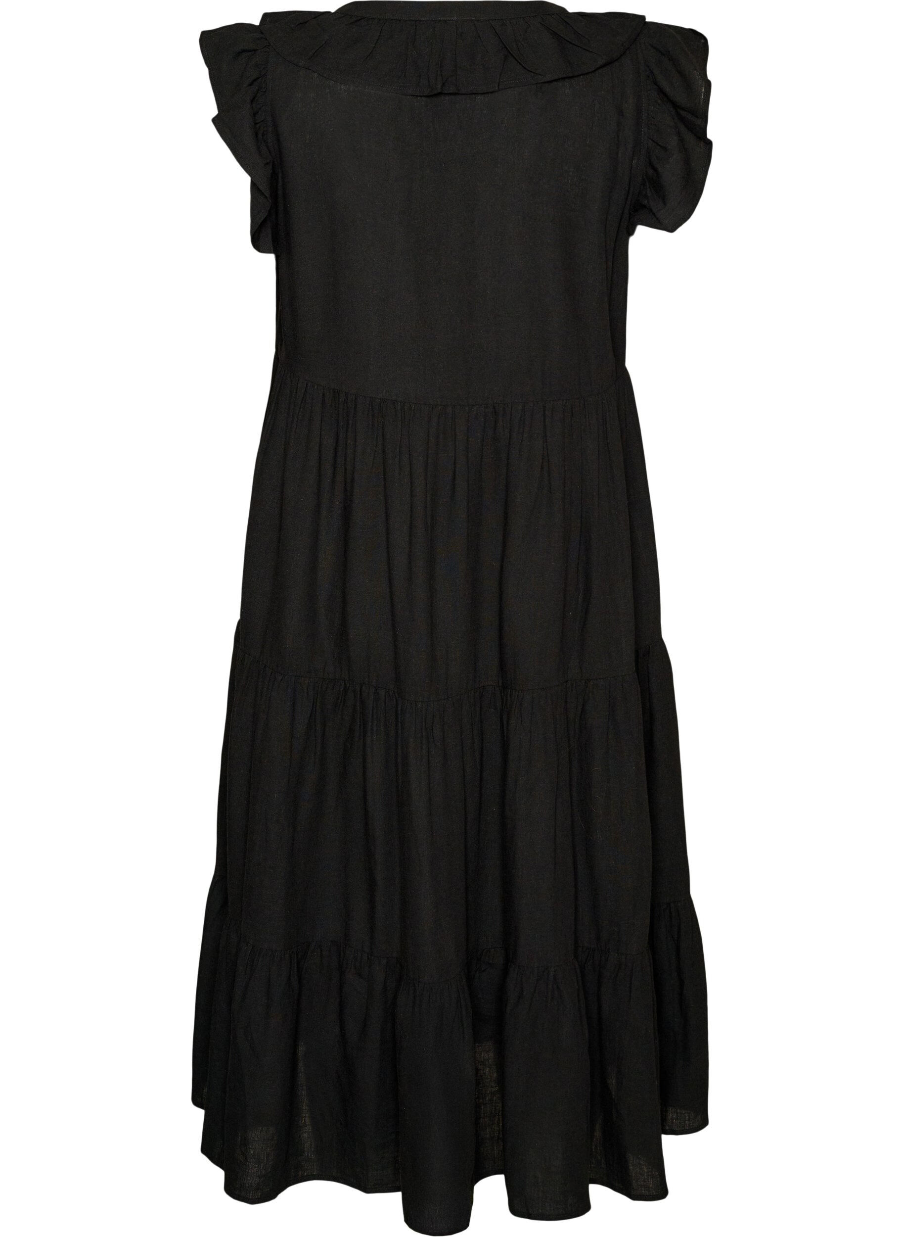 ZizziMouwloze midi jurk in linnen en viscose met ruches, Zwart, Packshot image number 1