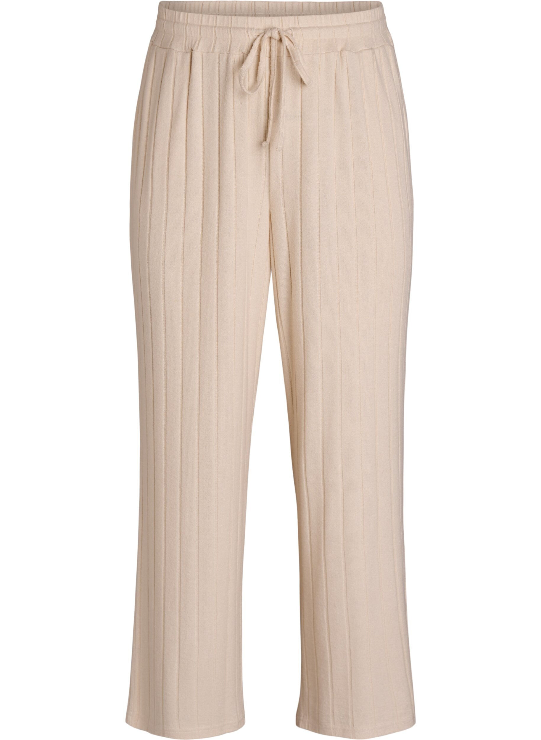 Zizzi Geribde jersey lounge broek met hoge taille, Beige, Packshot image number 0