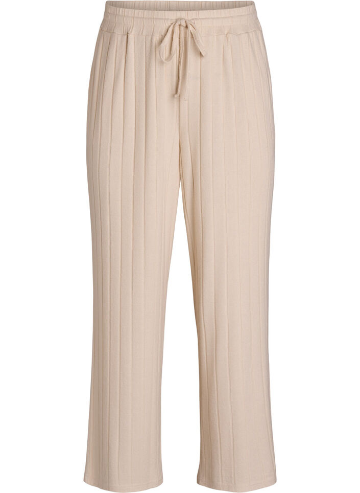 Geribde jersey lounge broek met hoge taille, Beige, Packshot image number 0