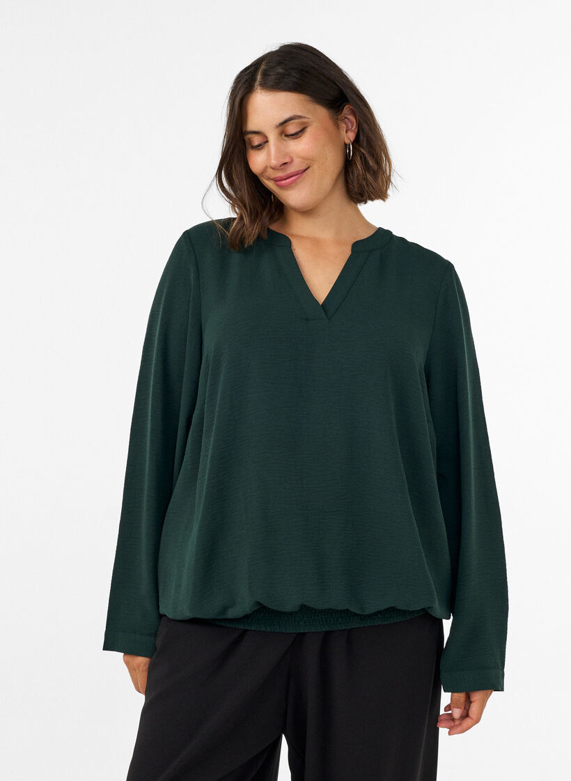 Blouse met ballonsilhouet en V-hals, Groen, Model image number 0