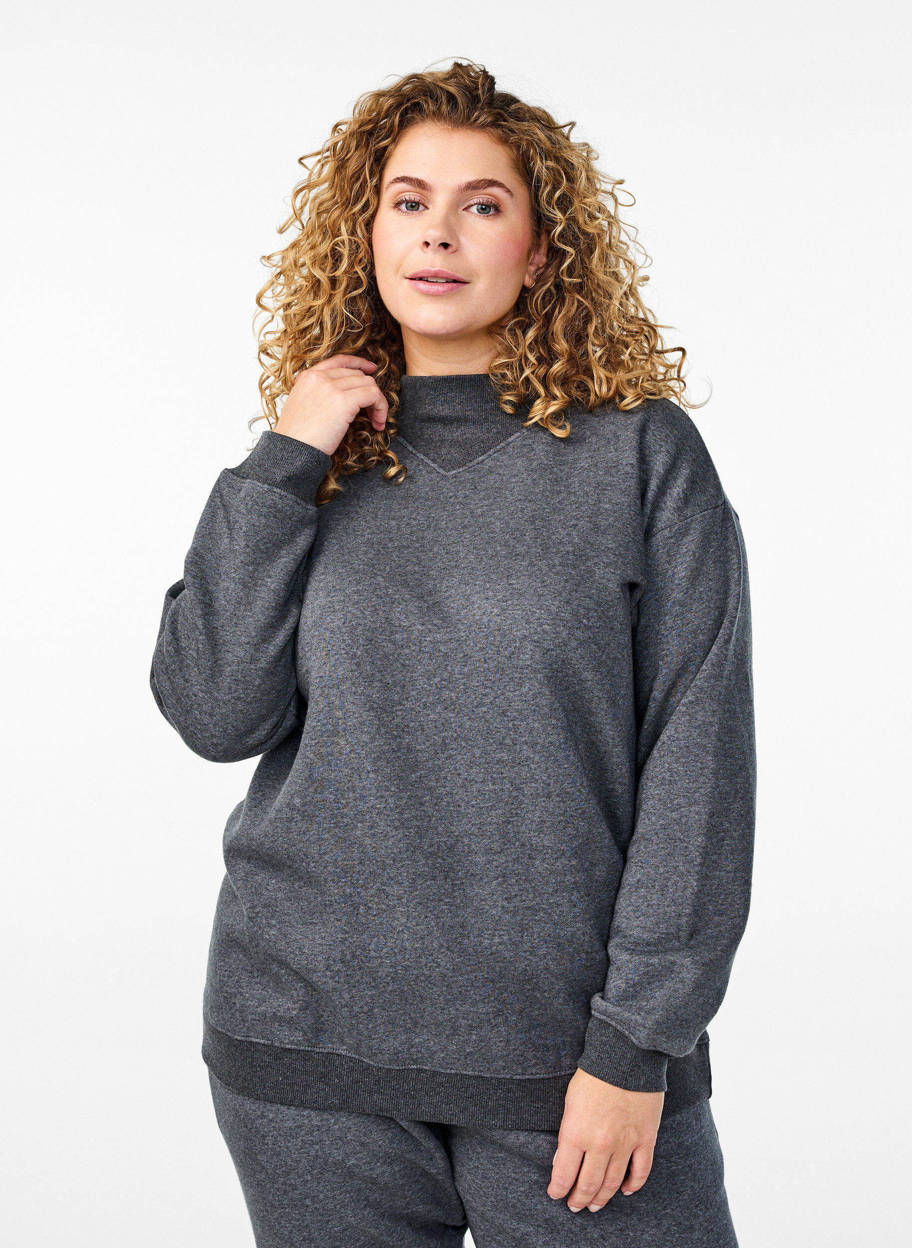 Zizzi Sweatshirt met hoge kraag en lange mouwen, Grijs, Model image number 0