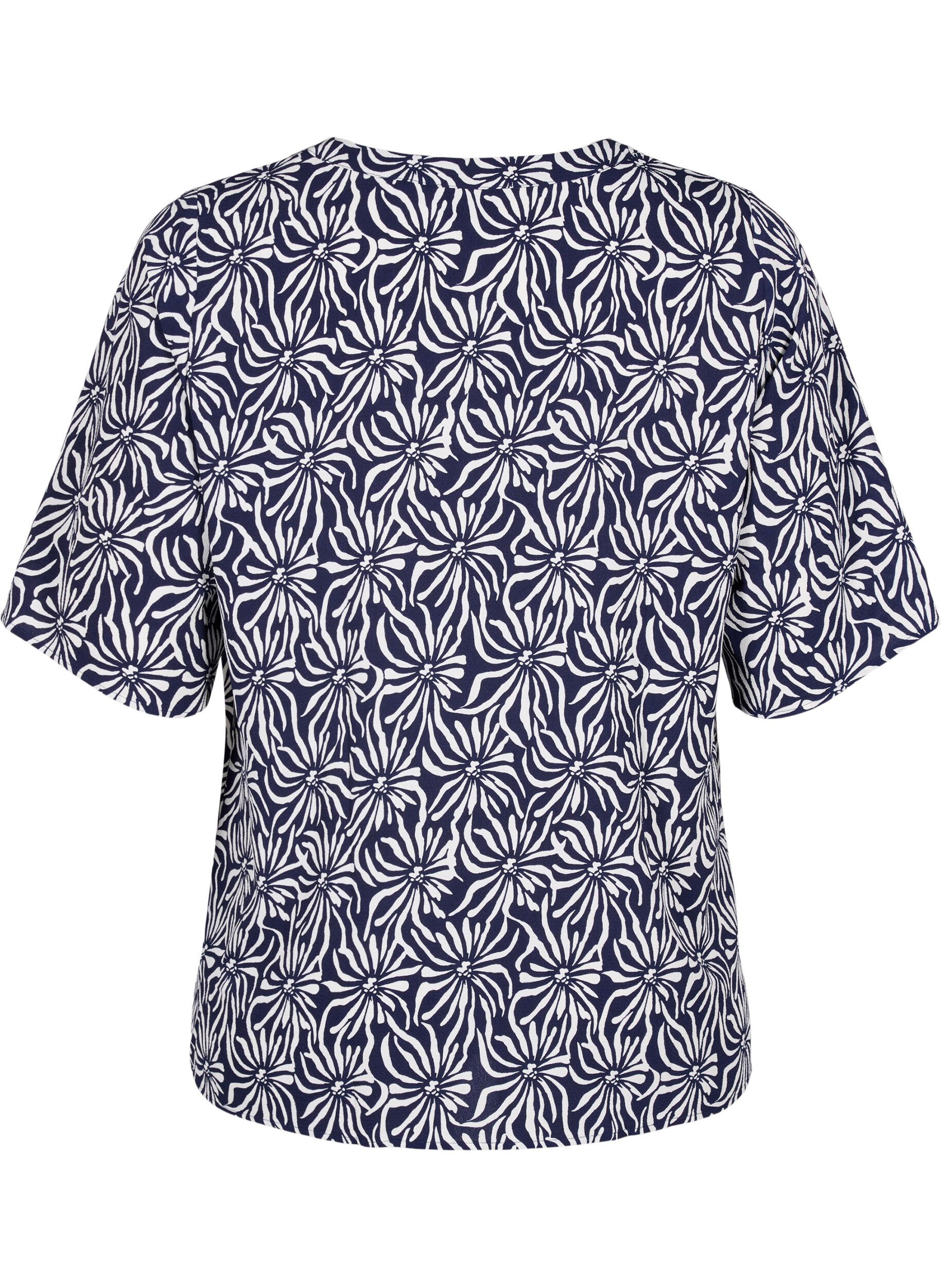 Zizzi Blouse met V-hals en strikprint, White Blue Flower, Packshot image number 1