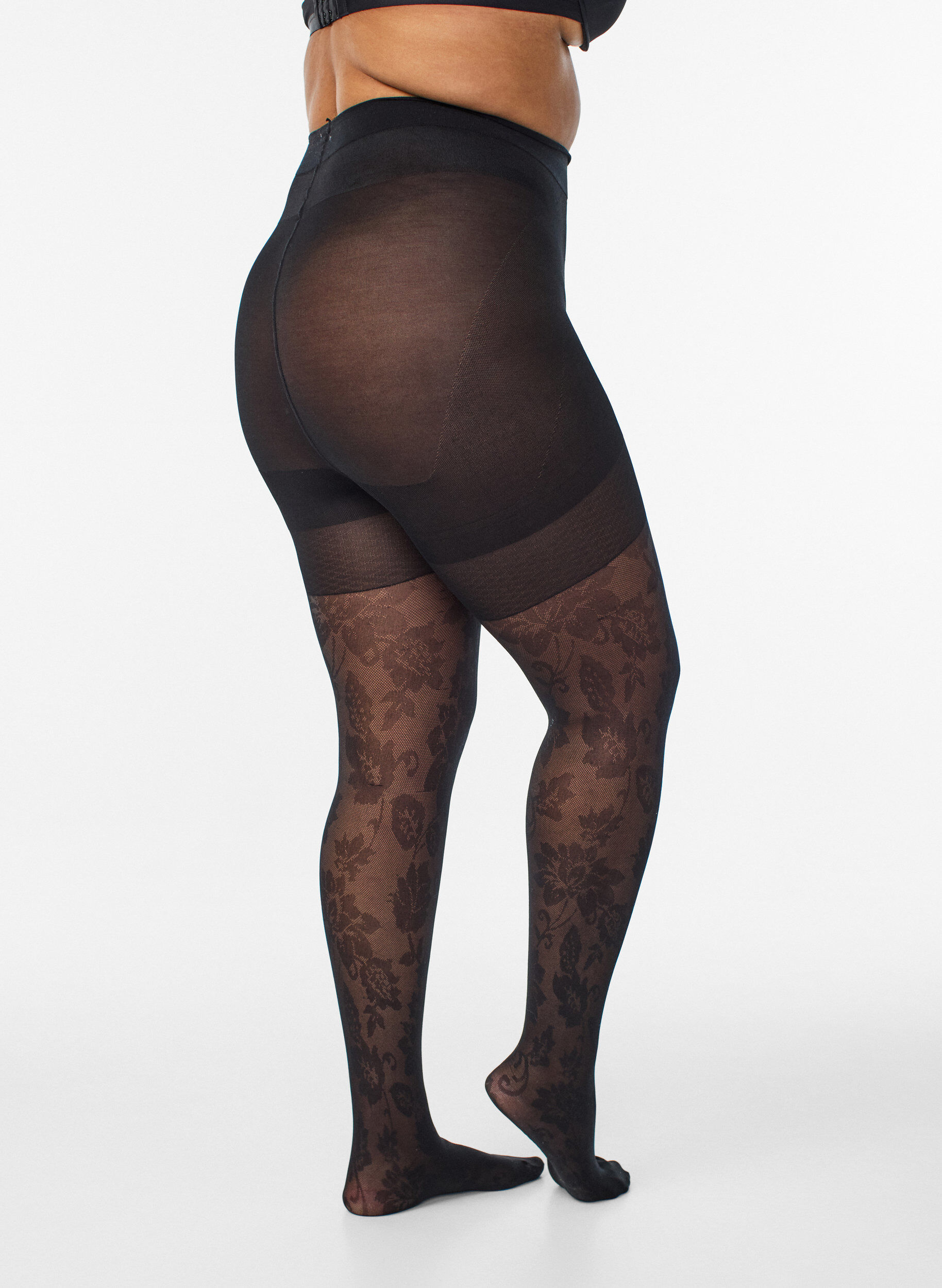 Zizzi Bloemenpanties met push-up effect - 50 denier, Zwart, Packshot image number 1