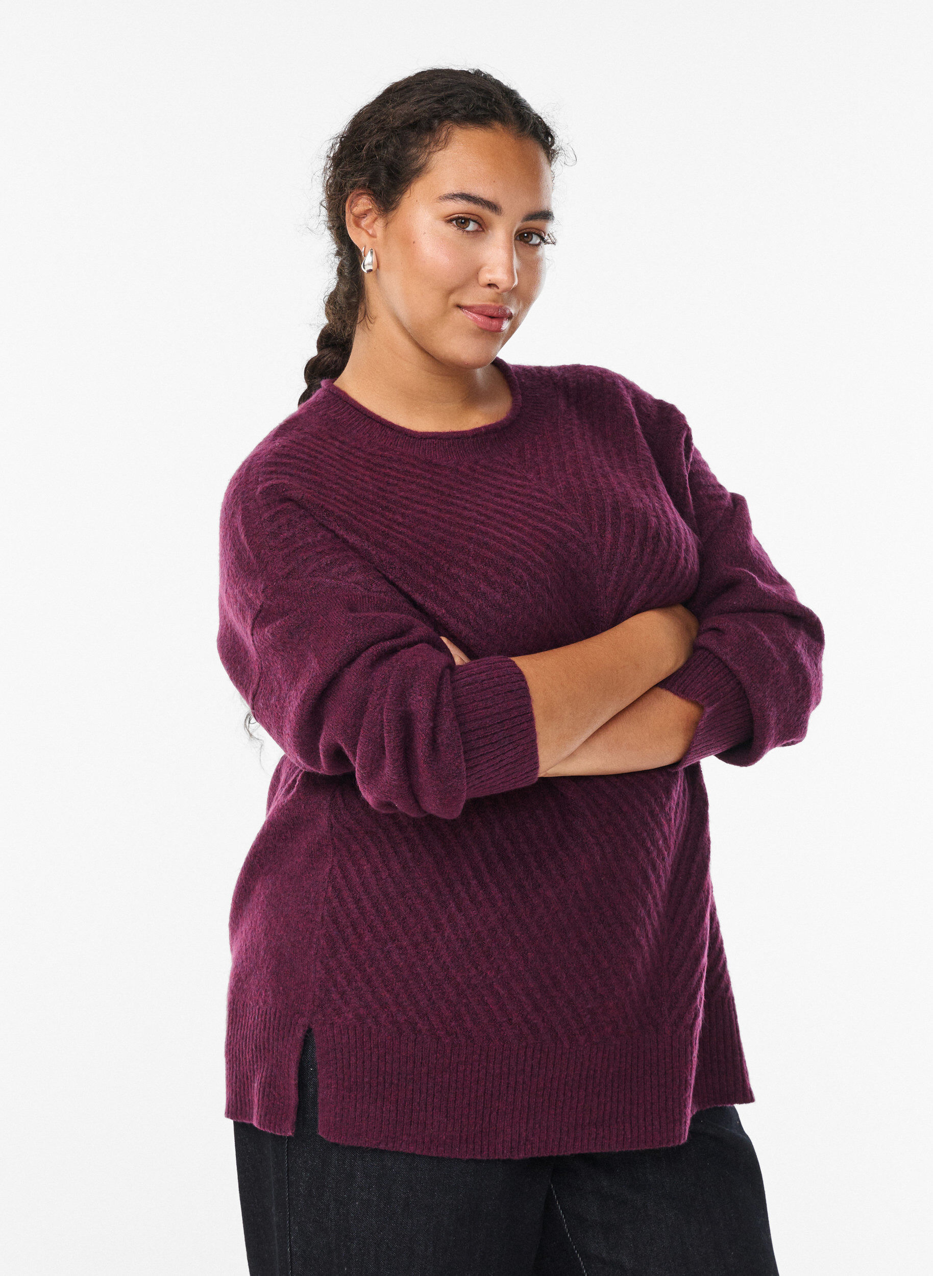 ZizziGebreide blouse met V-vormig geribd patroon en zijsplitjes, Paars, Model image number 0