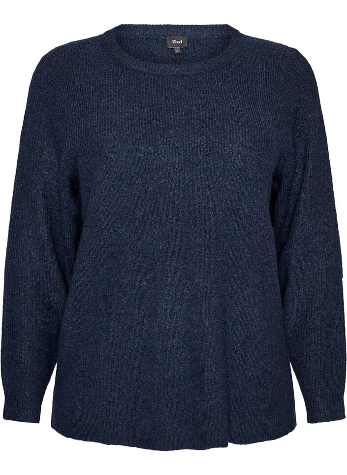 Gem&ecirc;leerde gebreide blouse met ronde hals, Blauw, Packshot image number 0