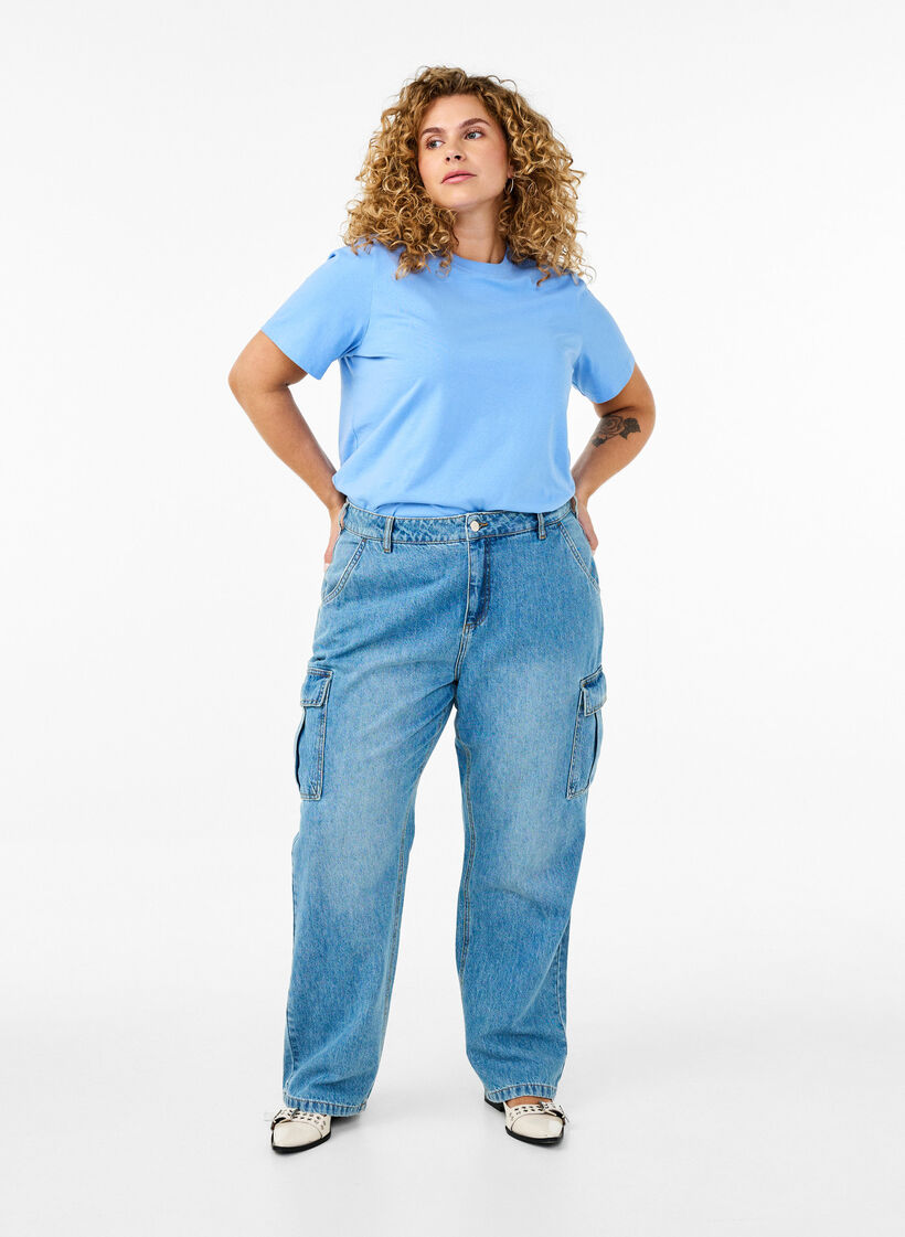 Basic katoenen T-shirt met ronde hals, Blauw, Model image number 1