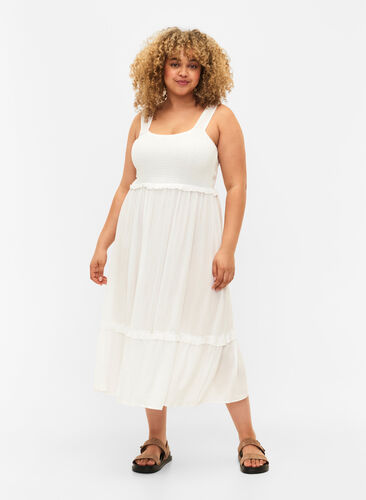 Viscose midi-jurk met smok, Bright White, Model image number 0
