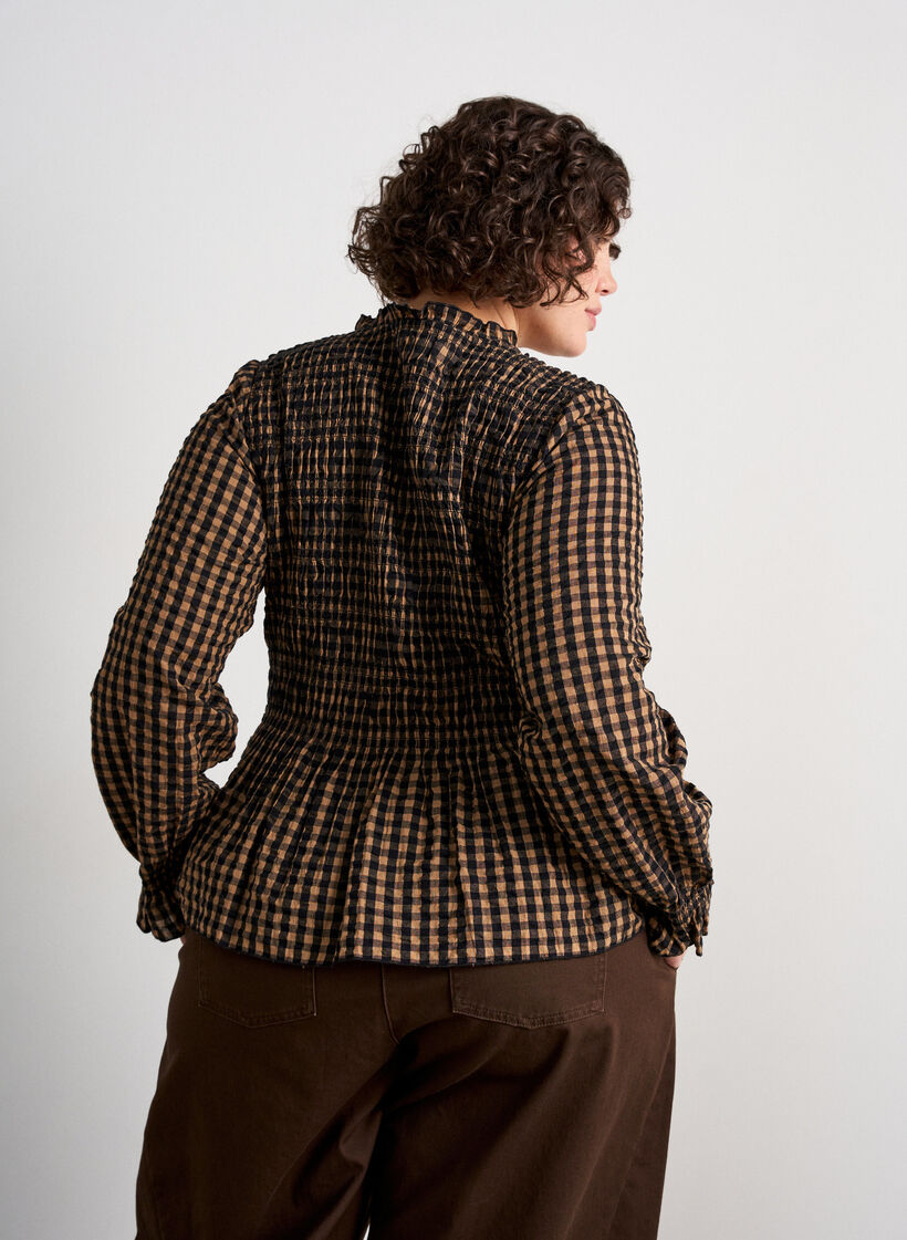 Blouse met ruitpatroon, smockwerk en peplum, Bruin, Model image number 2