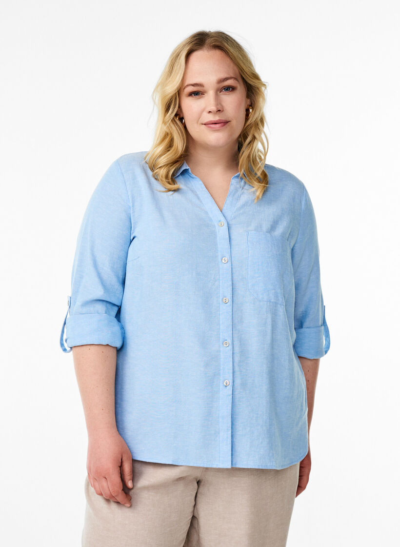 Linnen en viscose shirt met 3/4 mouwen, Blauw, Model image number 0