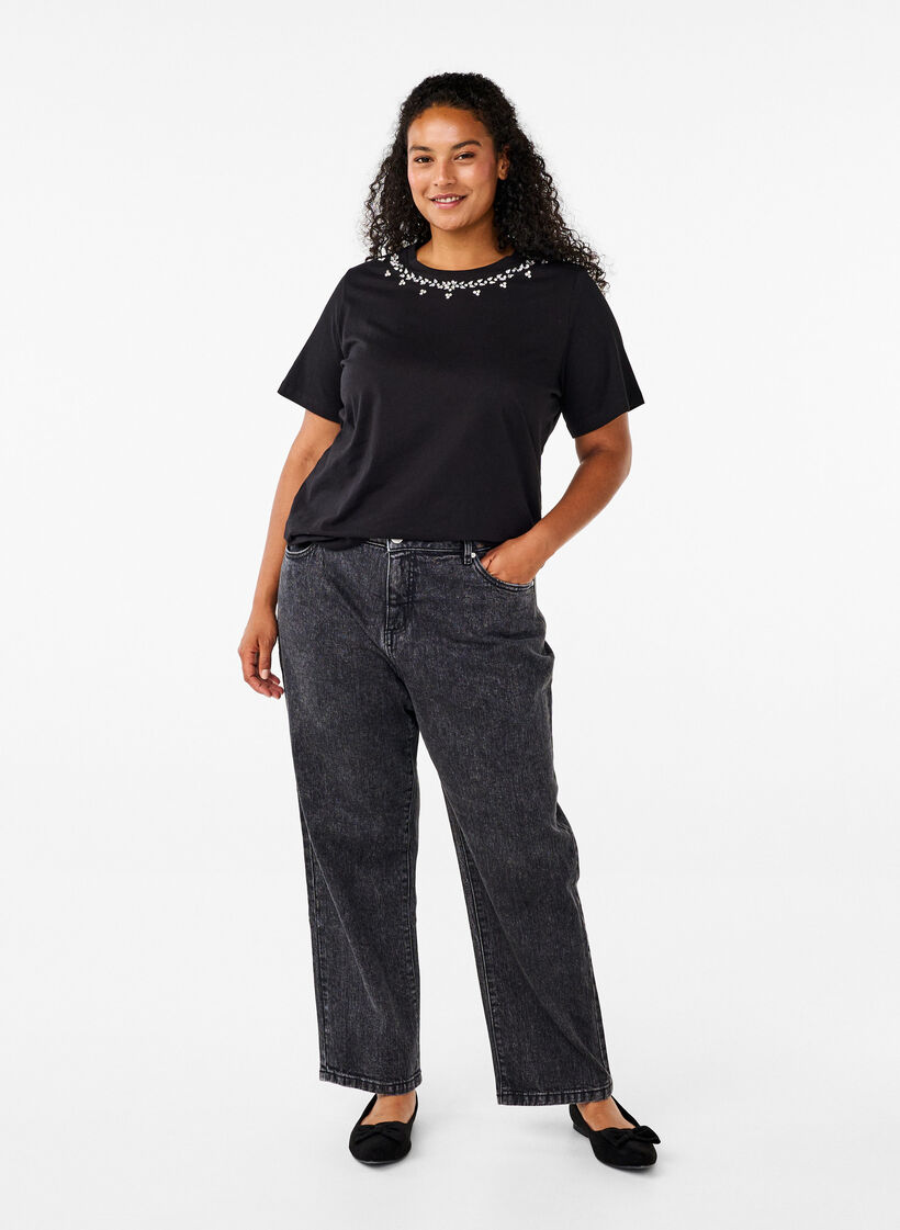 T-shirt met ronde hals en strass-steentjes, Black, Model image number 2