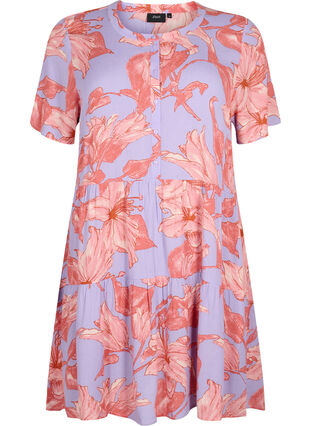 Viscose jurk met korte mouwen en a-lijn, Lavender Flower, Packshot image number 0