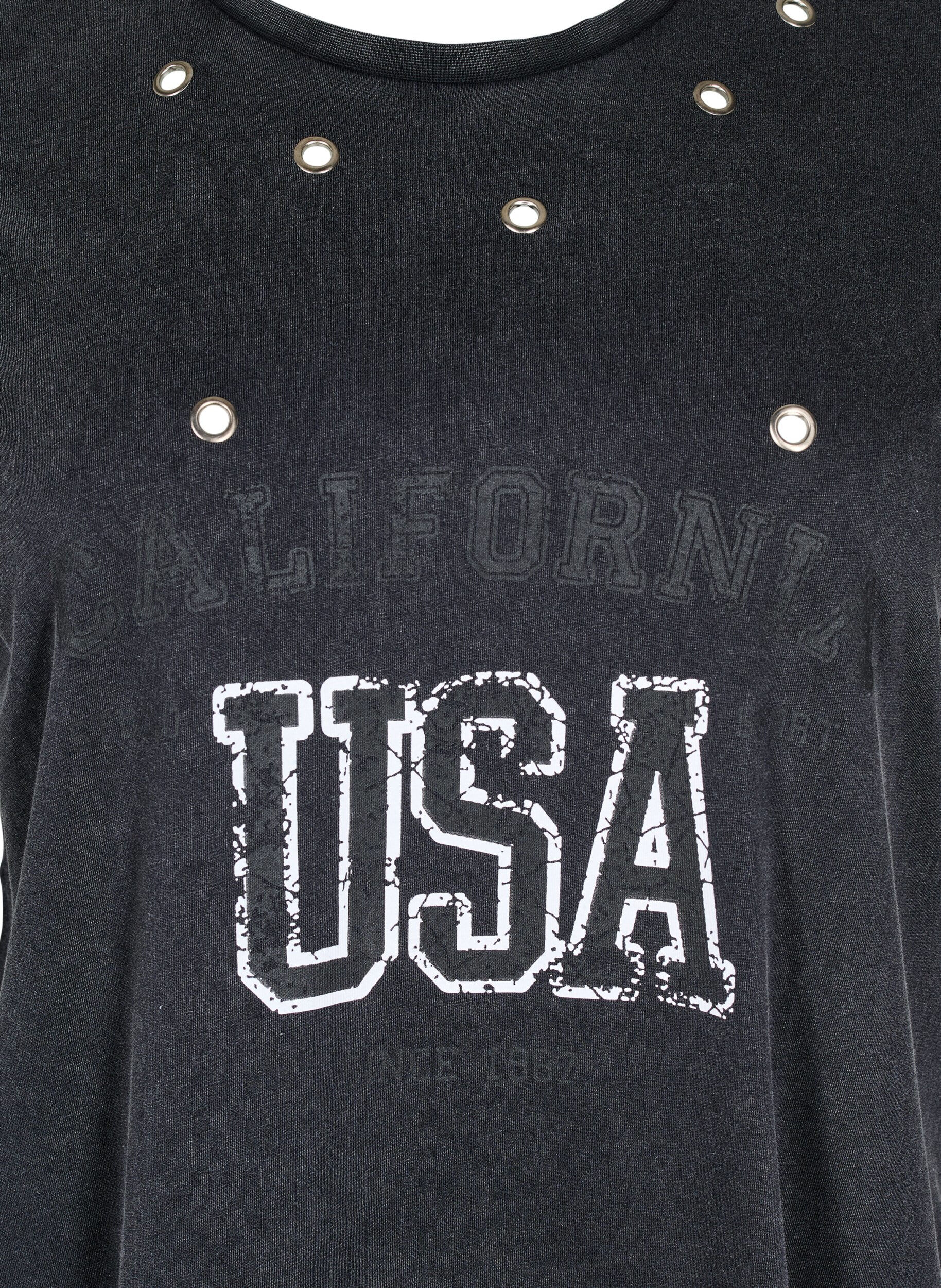 Zizzi T-shirt met oogjes en print, Grey Washed , Packshot image number 2