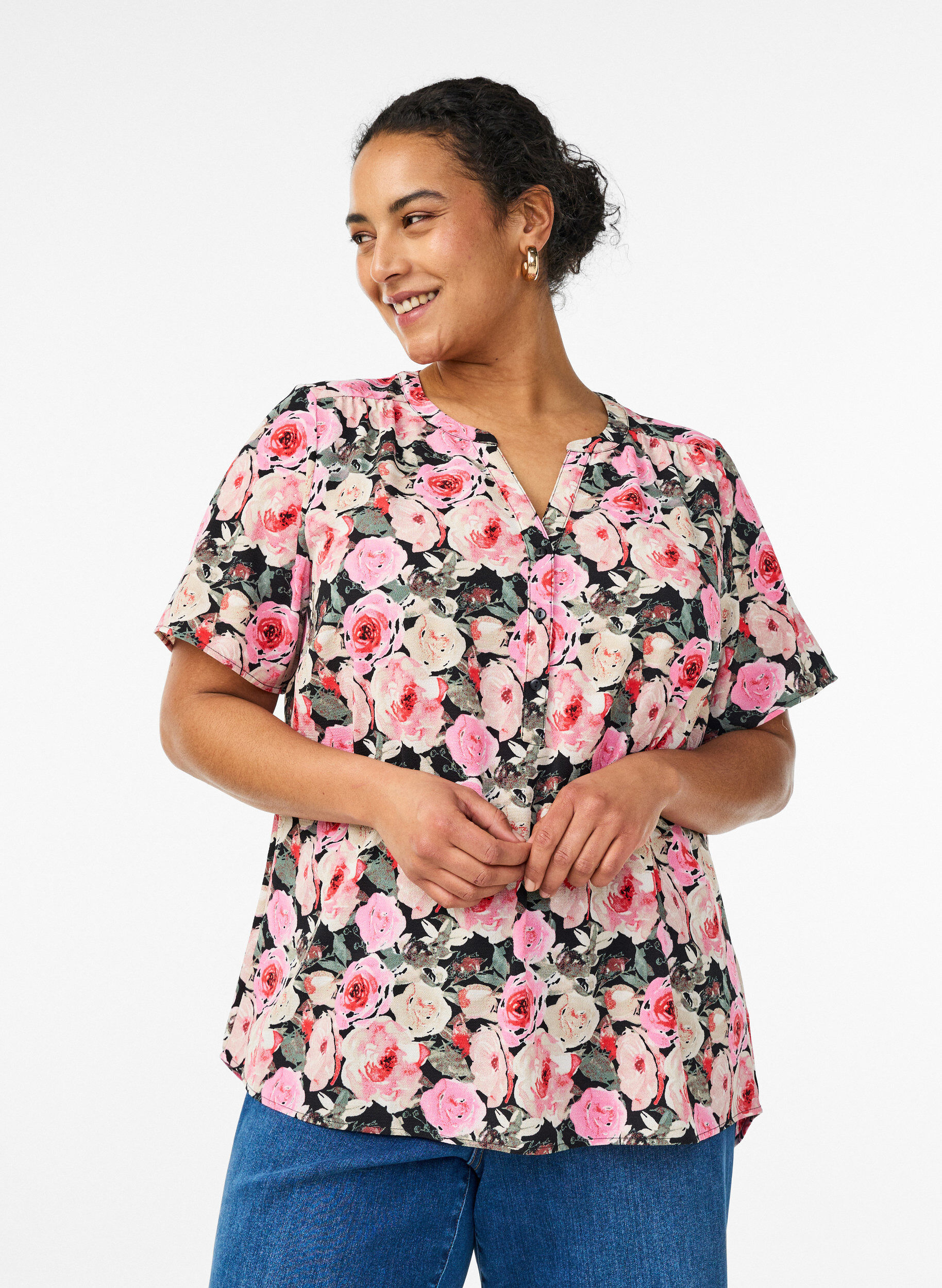 Zizzi Blouse met korte mouwen en v-halslijn, Roze, Model image number 0