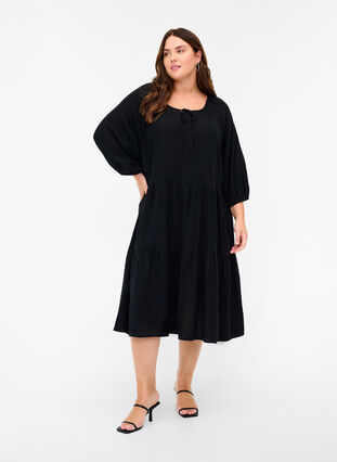 Katoenen jurk met 3/4 mouwen en strikje, Black, Model image number 0