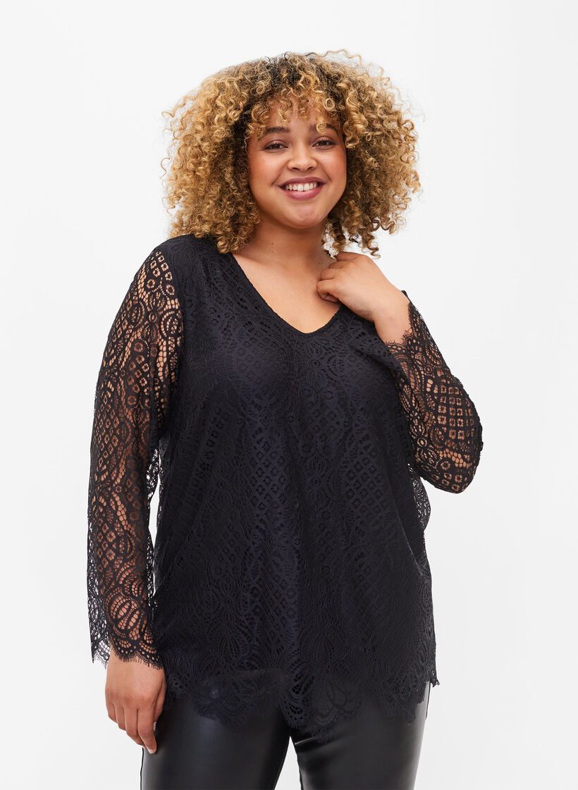 Kanten blouse met lange mouwen en v-hals, Black, Model image number 0