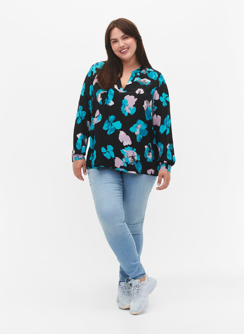 Viscose blouse met print en lange mouw, Blue AOP, Model image number 3