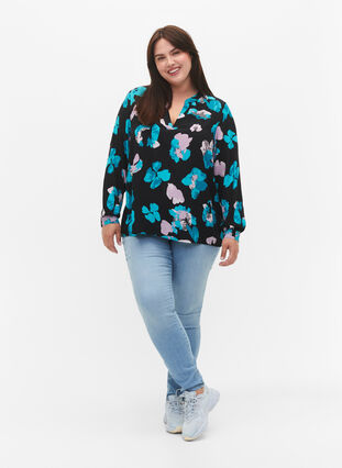 Viscose blouse met print en lange mouw, Blue AOP, Model image number 3