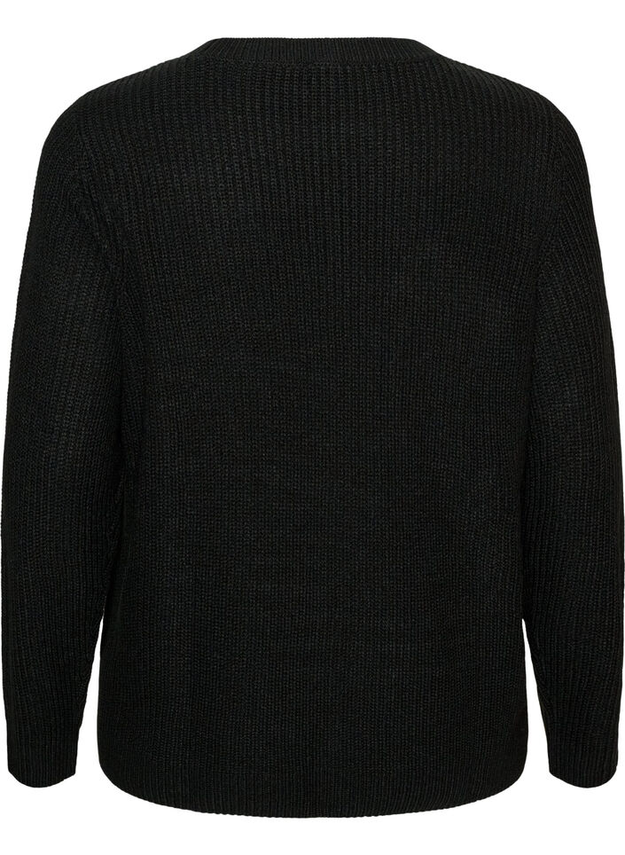 Gebreide blouse met ribstructuur en knoopdetails, Zwart, Packshot image number 1