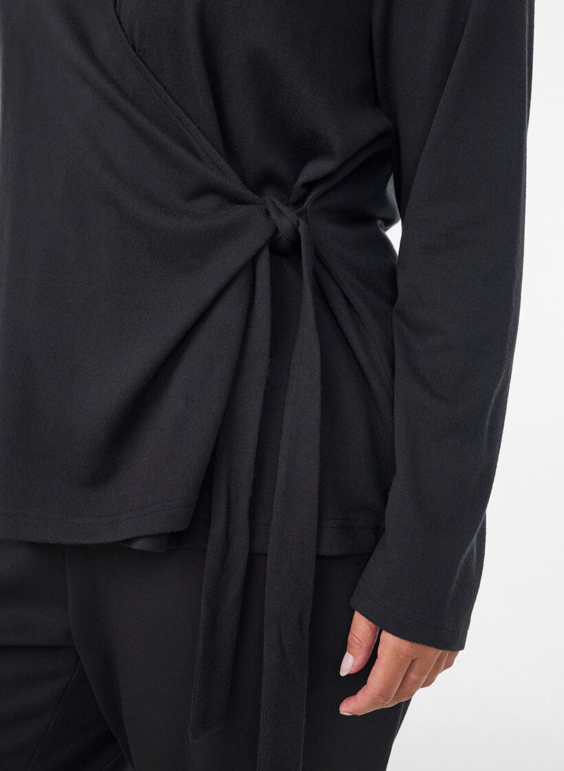 Jersey wikkelblouse met een striksluiting, Zwart, Model image number 3
