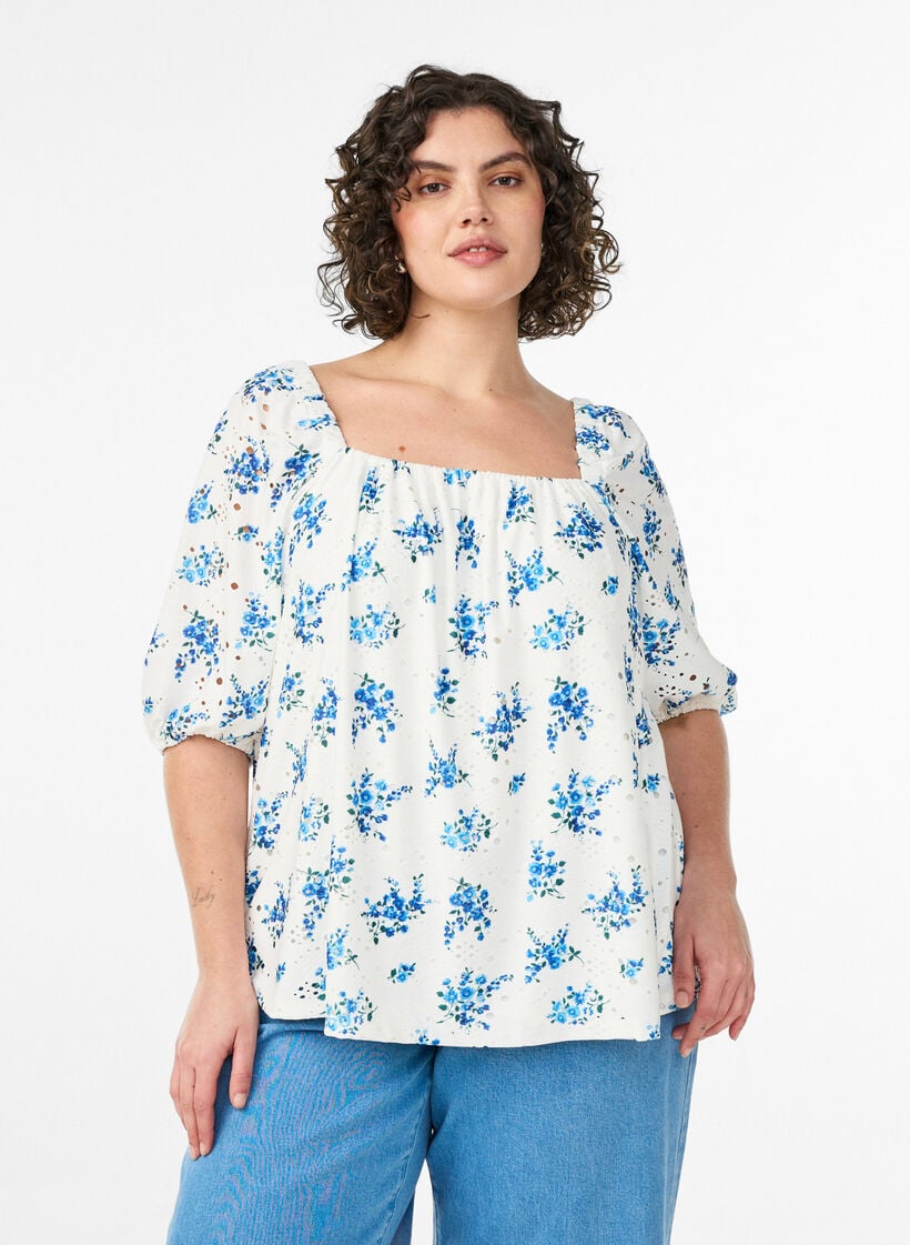 Bloemenblouse met een vierkante halslijn en ajourborduursel, Wit, Model image number 0