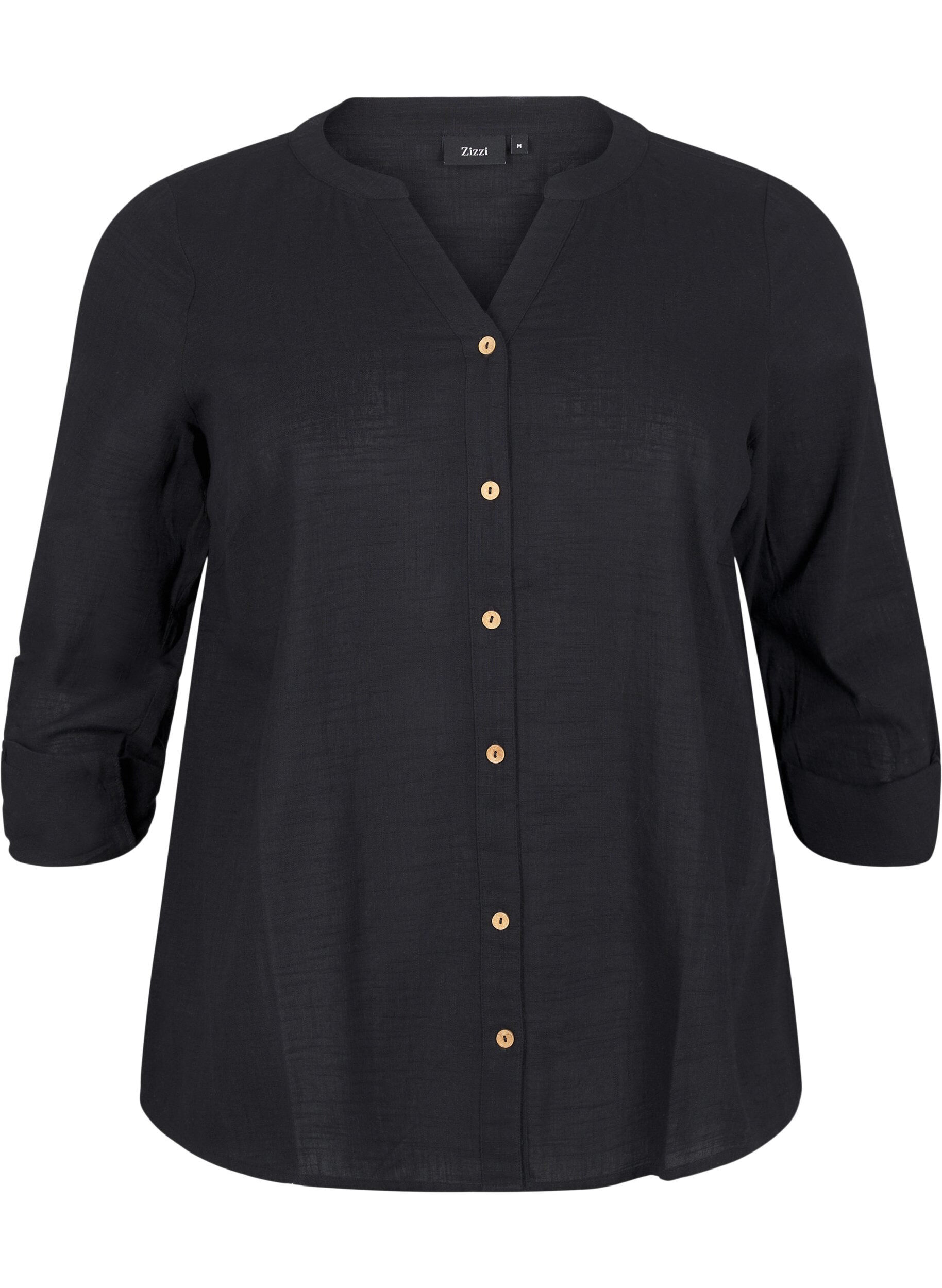 ZizziKatoenen blouse met een V-hals, Zwart, Packshot image number 0