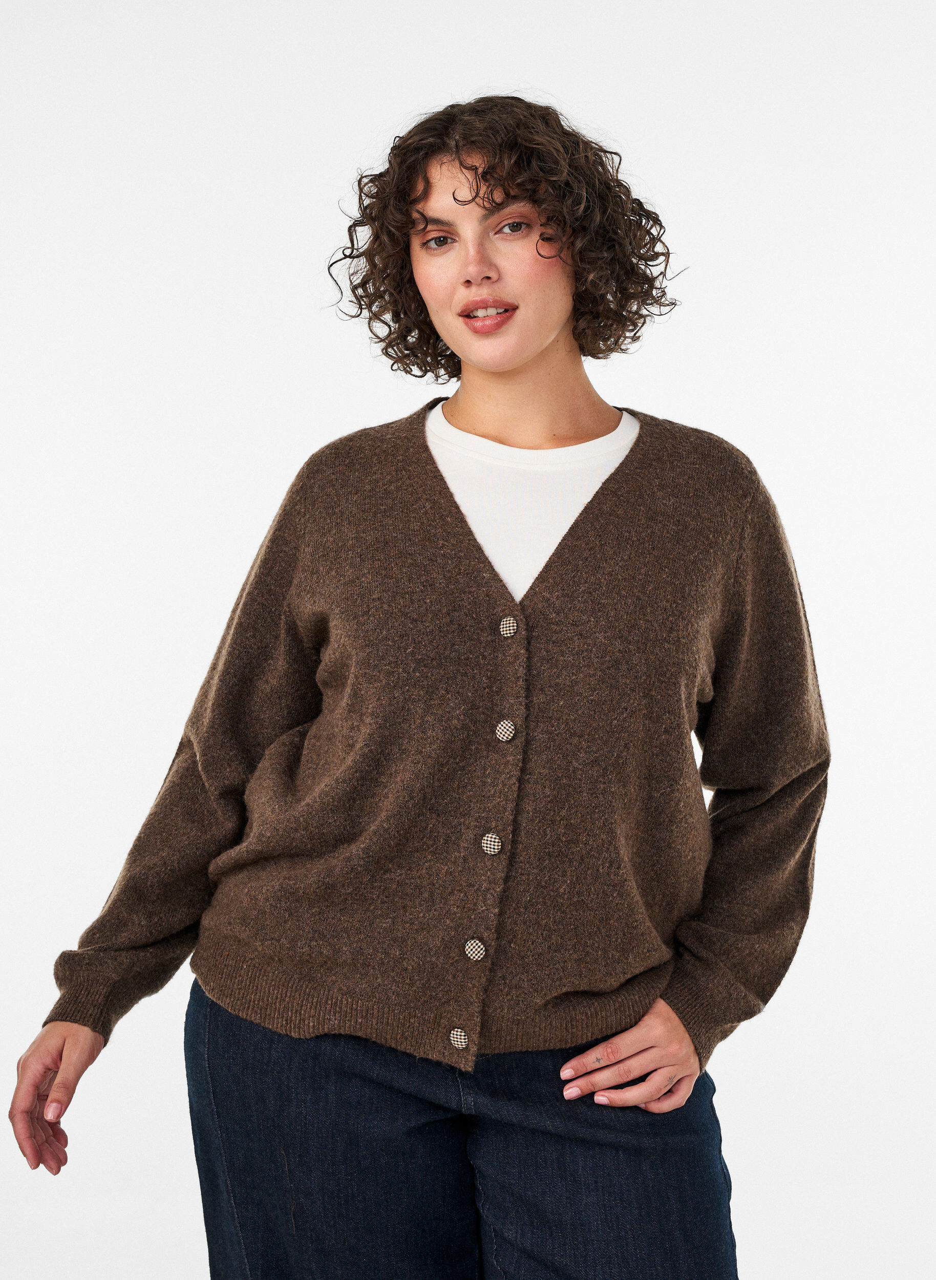 Vest met decoratieve knopen en V-hals, Bruin, Model