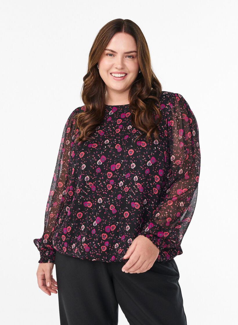 Chiffon blouse met bloemenprint en sheer mouwen, Zwart, Model image number 0