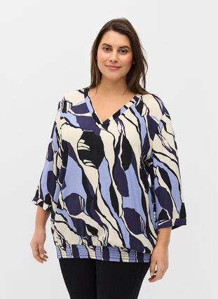 Bedrukte viscose blouse met 3/4 mouwen, Blue Abstract AOP, Model image number 0