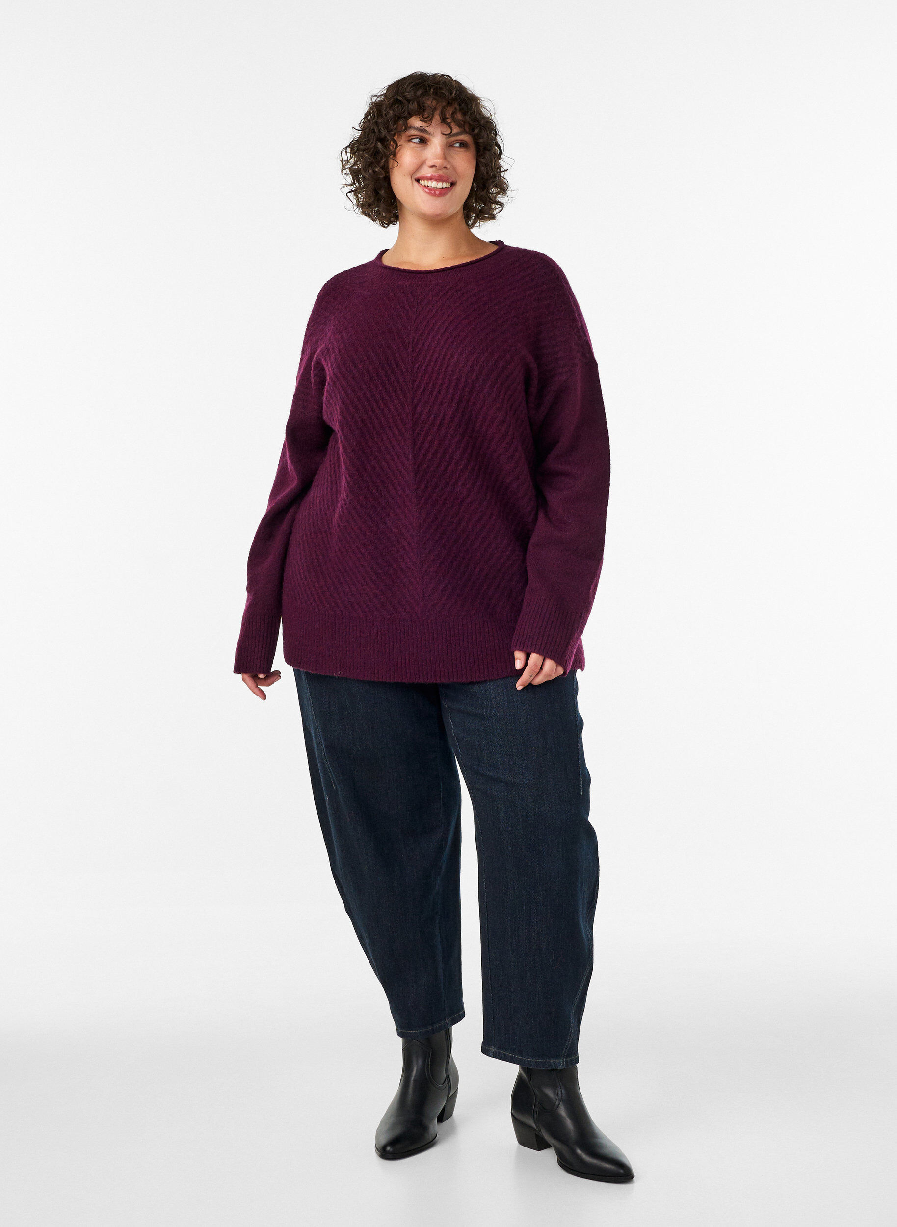 ZizziGebreide blouse met V-vormig geribd patroon en zijsplitjes, Rood, Model image number 1