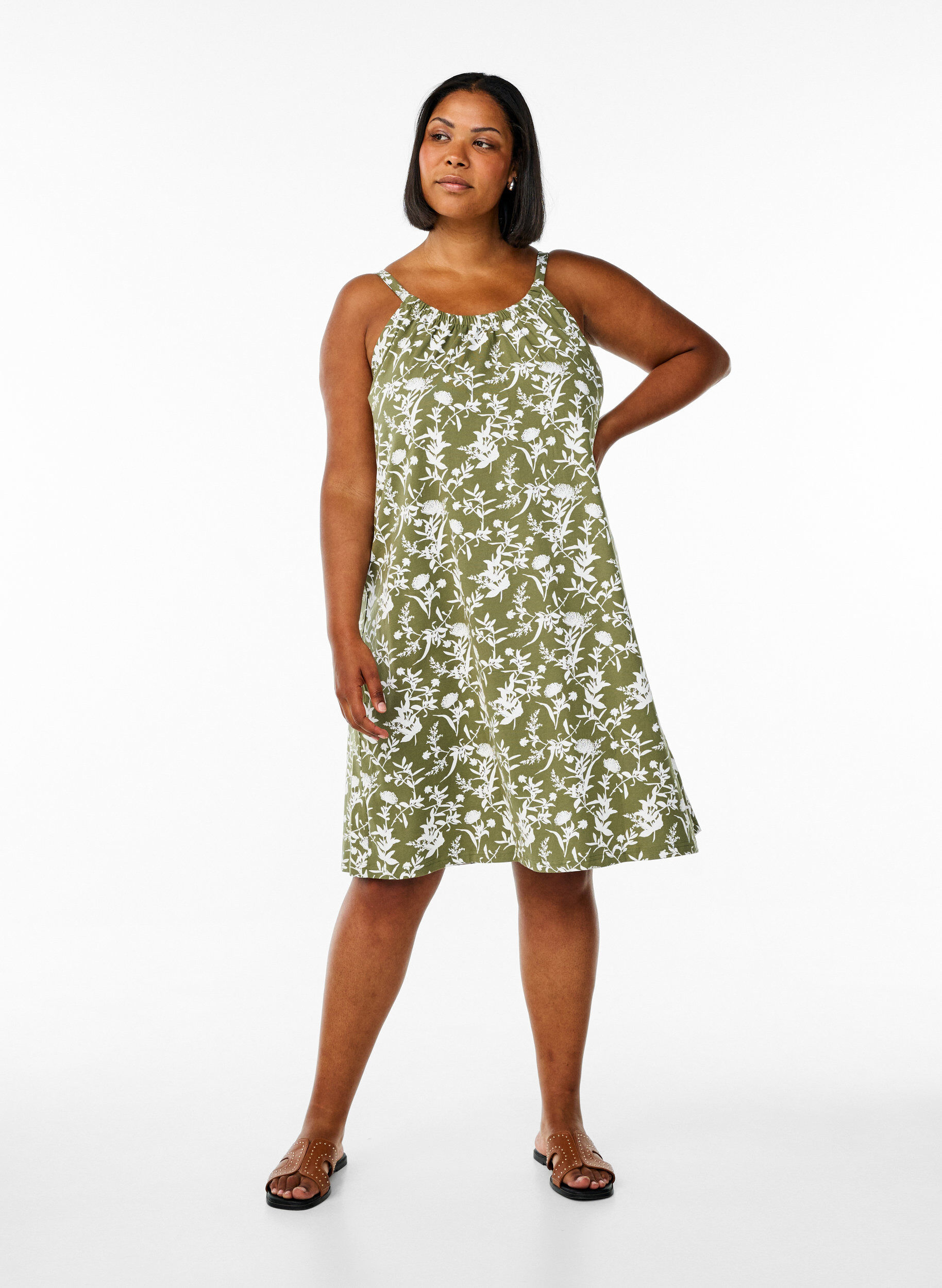 Zizzi Jurk met middelhoge bandjes van biologisch katoen, Groen, Model image number 1