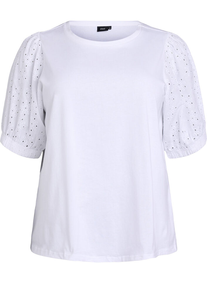 T-shirt met mouwen van broderie anglaise, Wit, Packshot image number 0