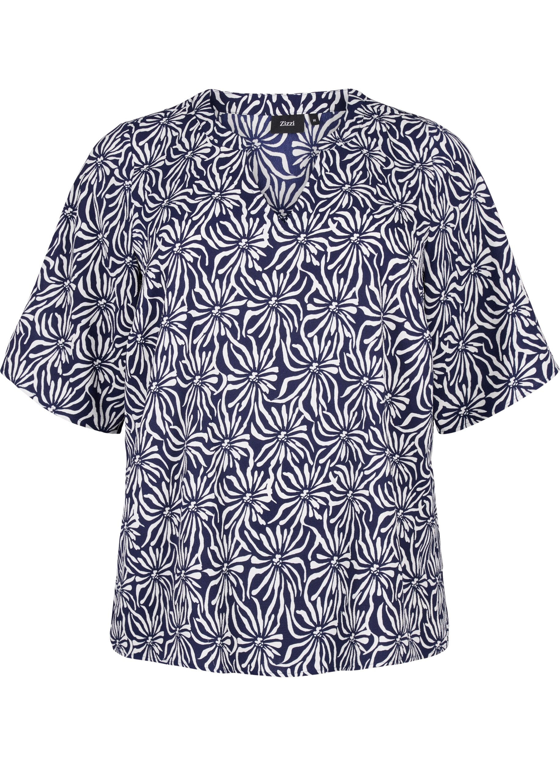 Zizzi Blouse met V-hals en strikprint, White Blue Flower, Packshot image number 0