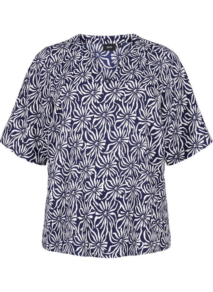  Blouse met V-hals en bloemenprint, White Blue Flower, Packshot image number 0