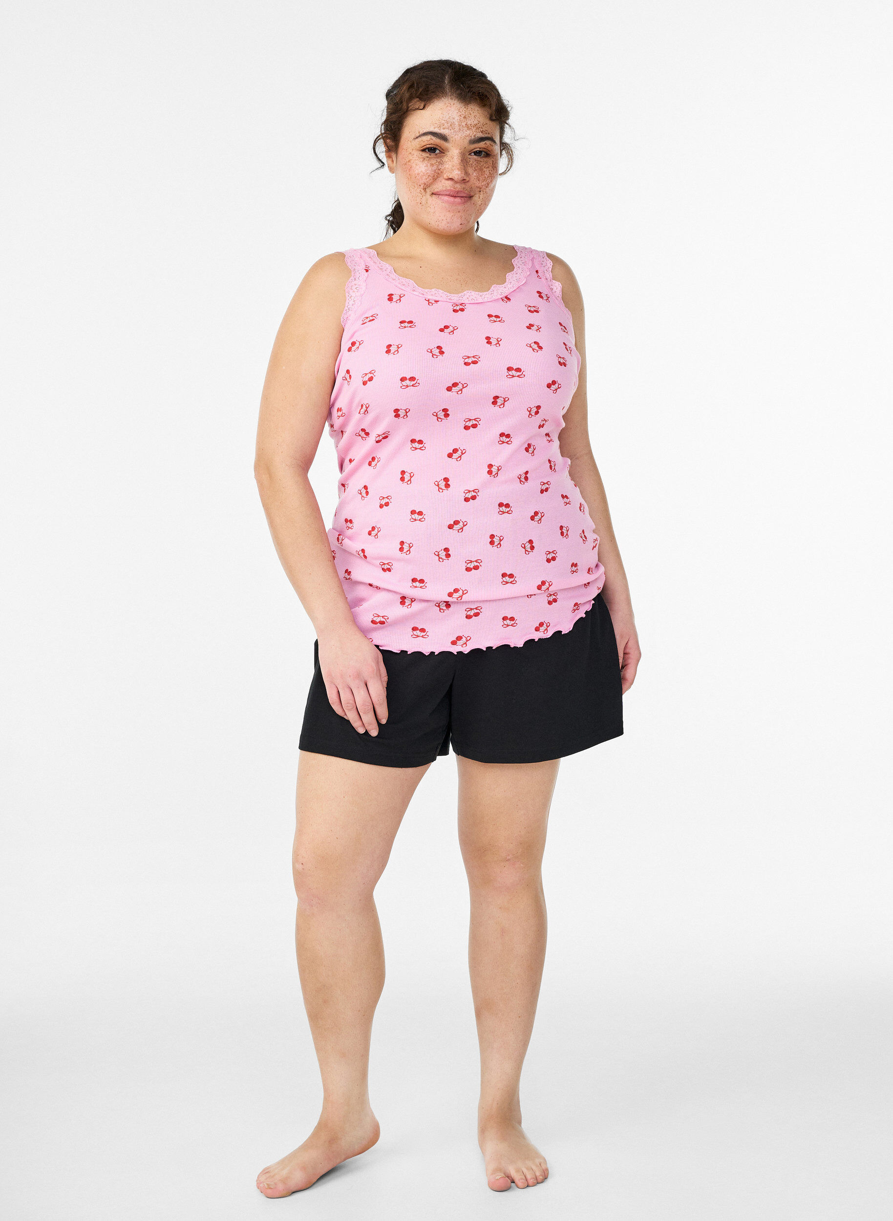ZizziTop met print en kanten rand, Roze, Model image number 1