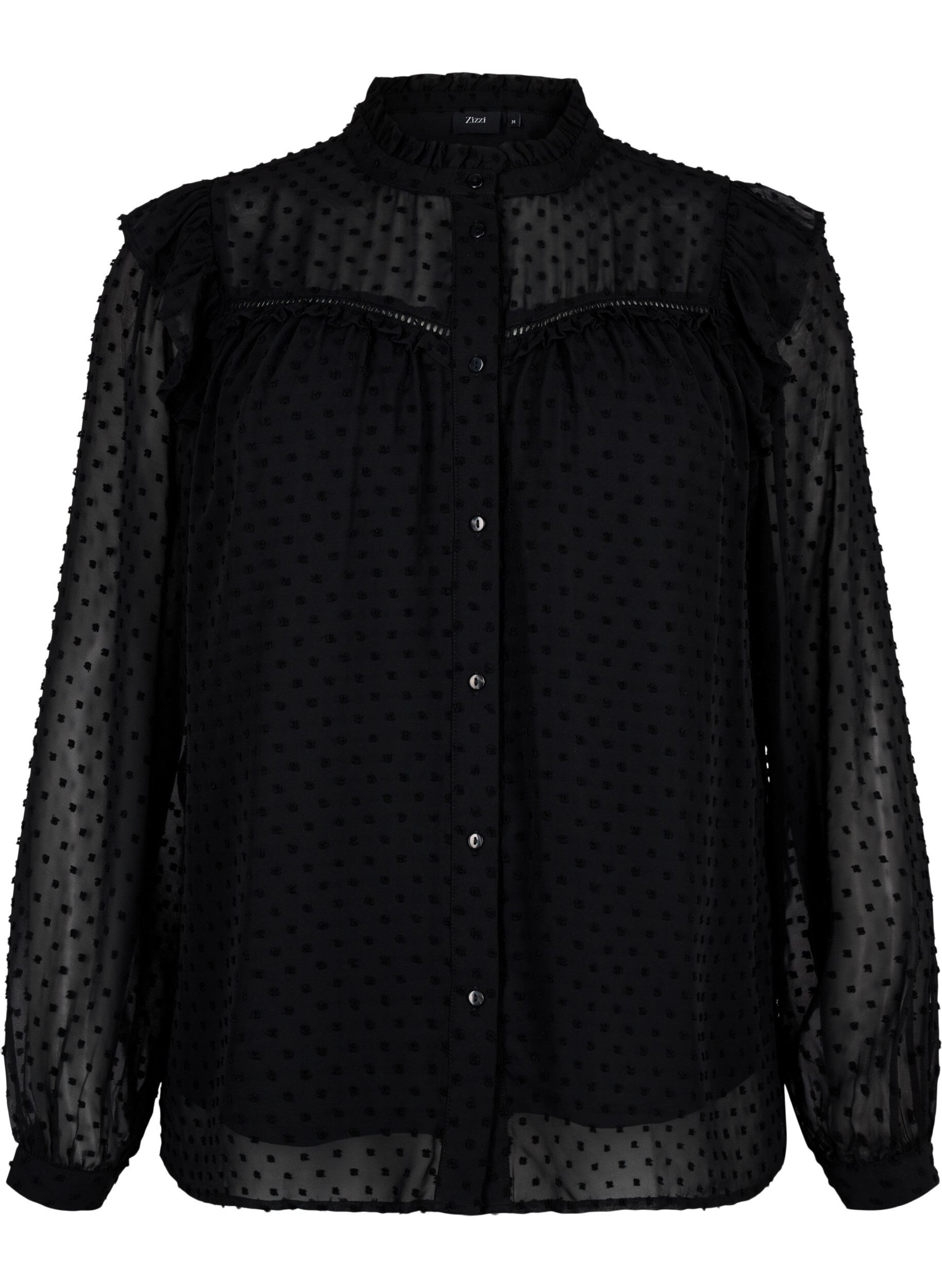 Zizzi T-shirtblouse met ruches en een gestippelde textuur, Black, Packshot image number 0