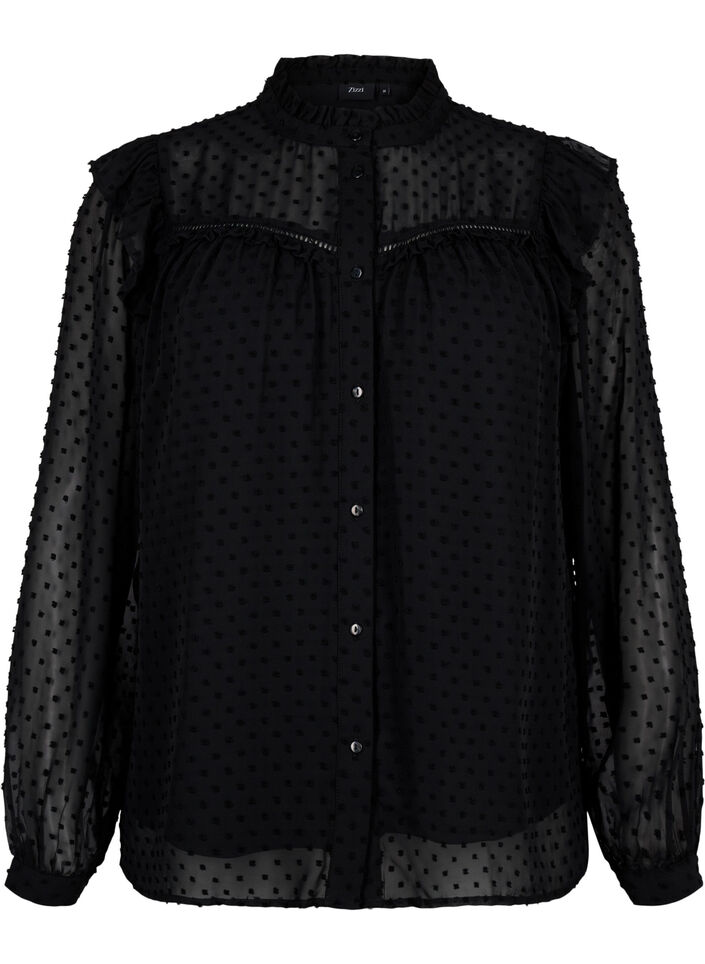 T-shirtblouse met ruches en een gestippelde textuur, Black, Packshot image number 0
