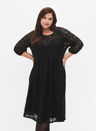 Kanten jurk met driekwartmouwen, Black, Model image number 0