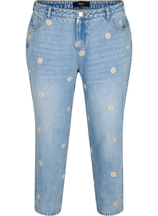 Mille mom fit jeans met bloemenborduursel, Light Blue w. Flower, Packshot image number 0