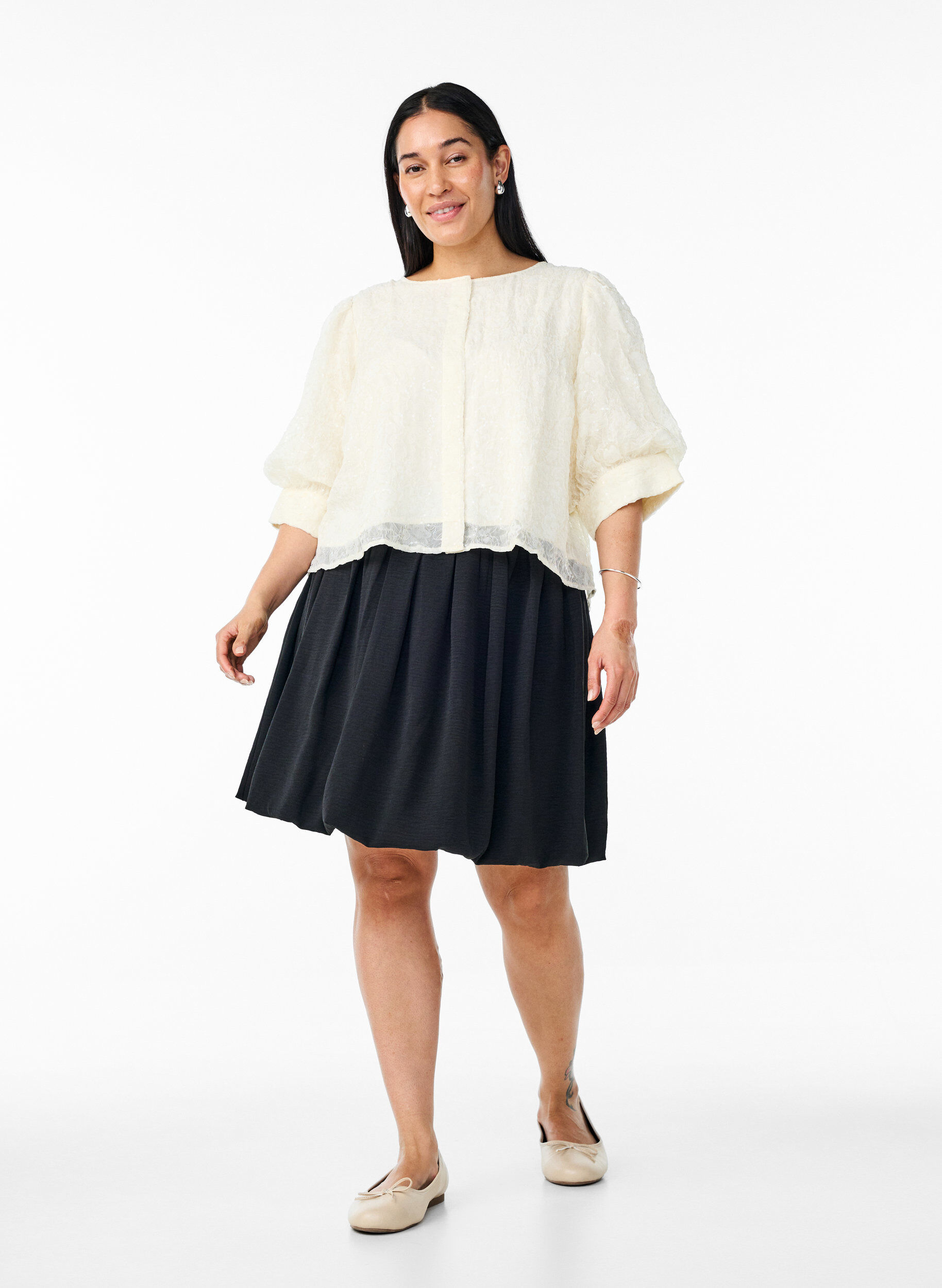 Zizzi Feestelijke blouse met pailletten en halflange mouwen, Vanille, Model image number 1