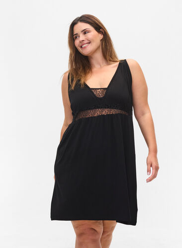 Viscose pyjama jurk met kanten details, Black, Model image number 0