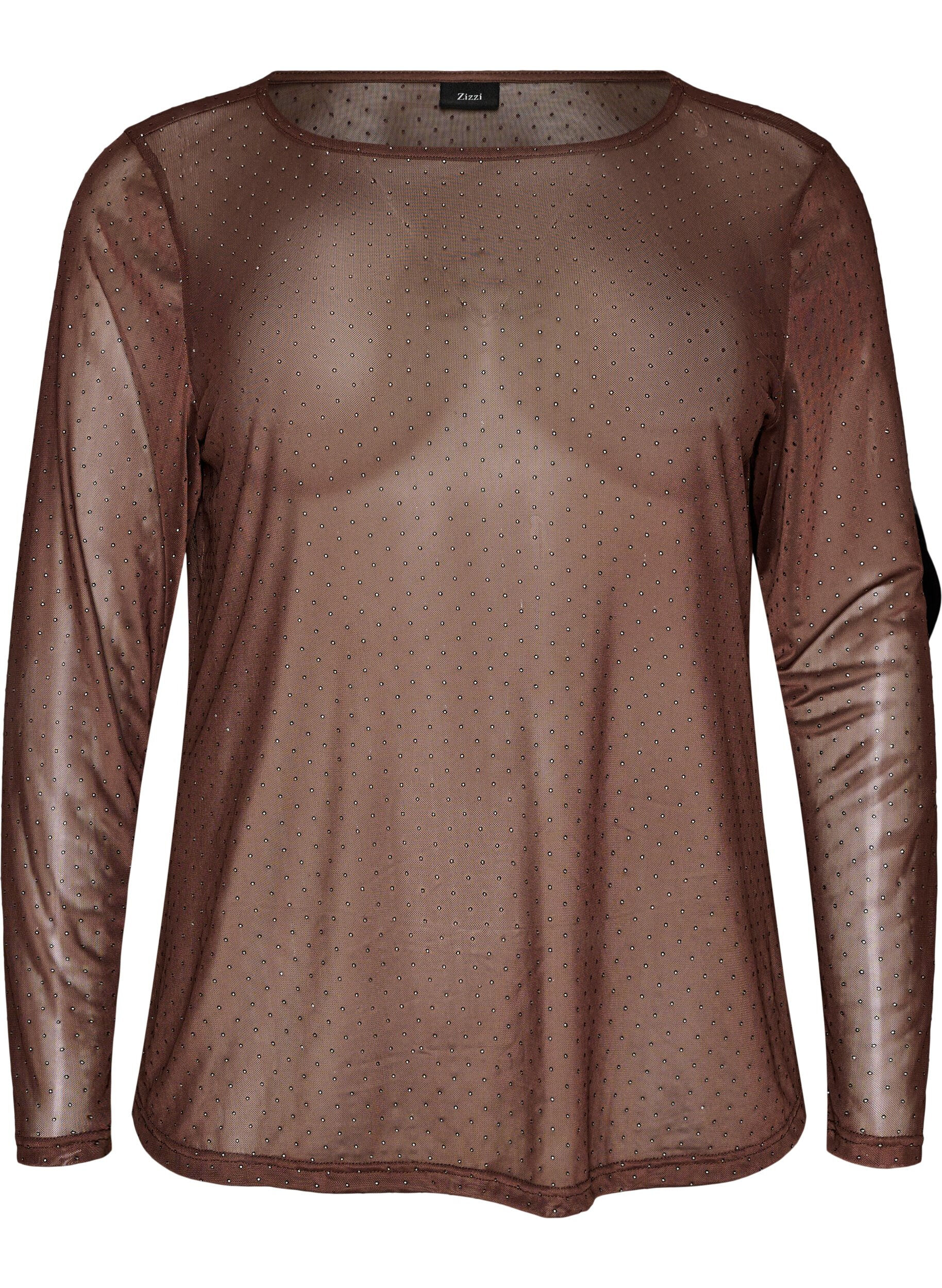 ZizziTransparante mesh blouse met strassteentjes, Bruin, Packshot image number 0