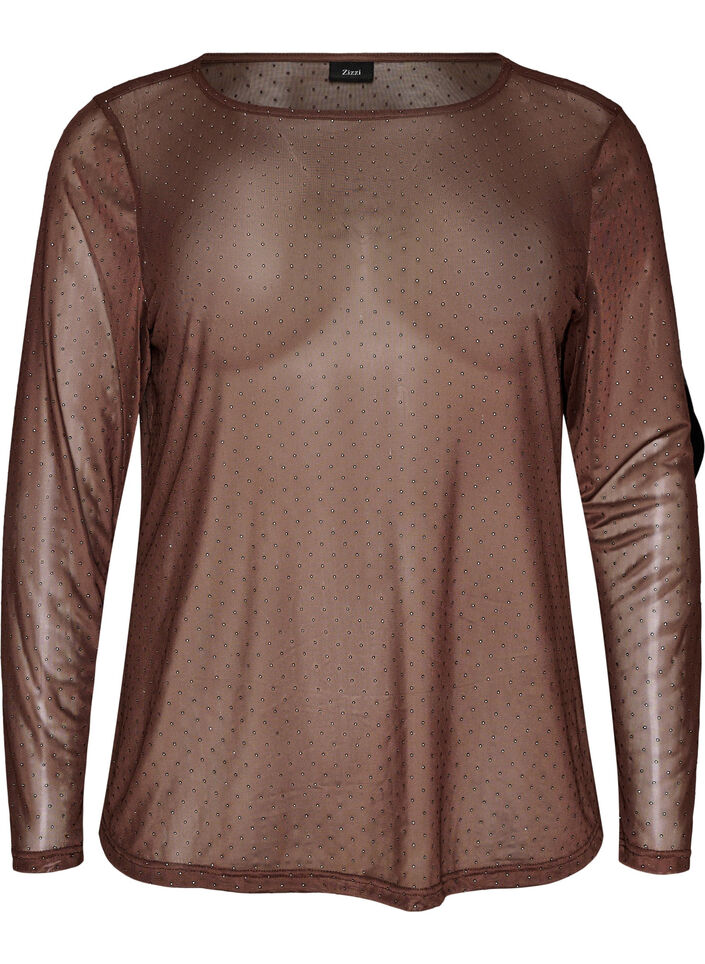 Transparante mesh blouse met strassteentjes, Bruin, Packshot image number 0