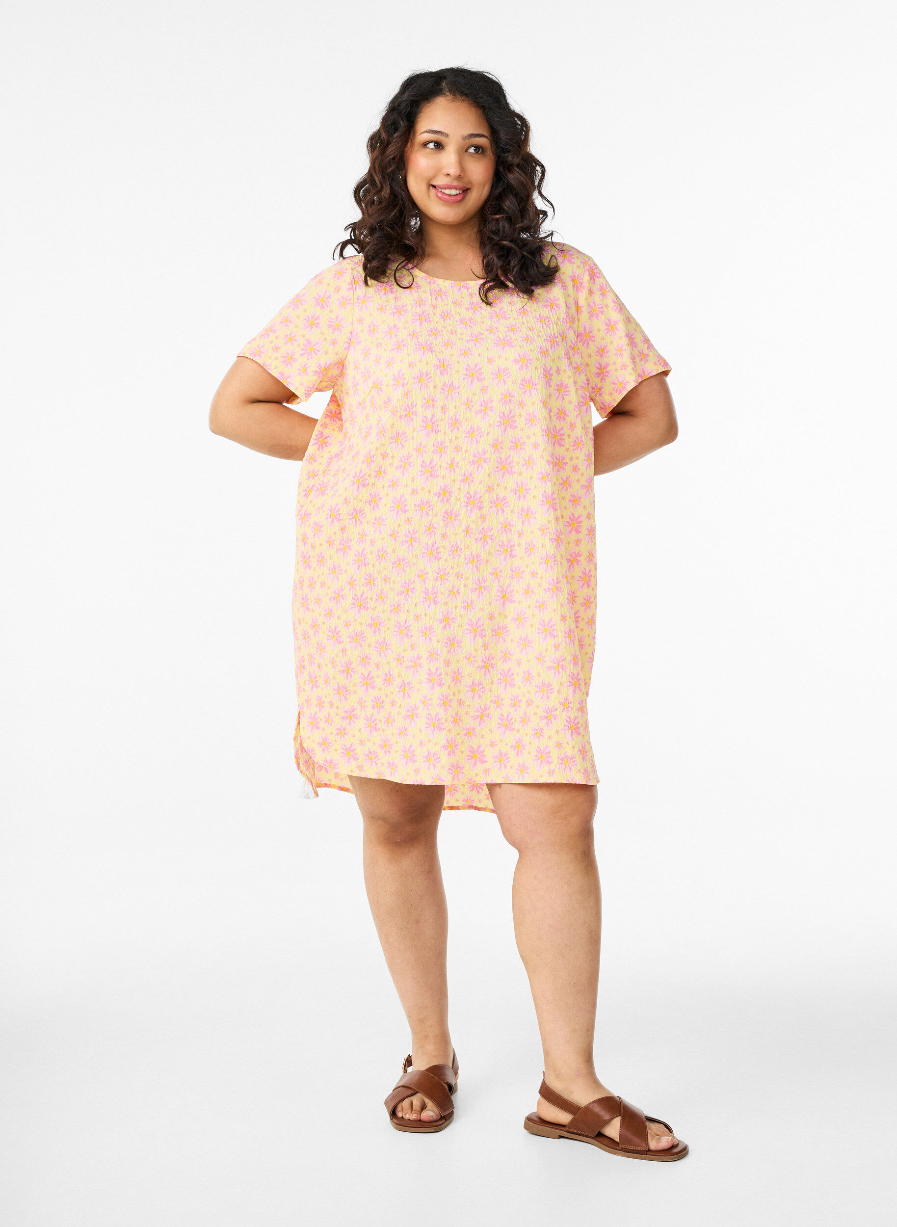 ZizziKorte jurk met een gekreukte textuur en korte mouwen, Geel, Model image number 1