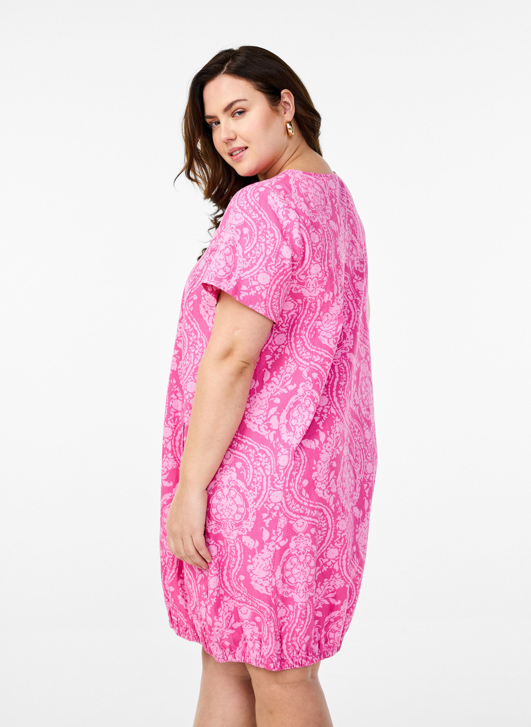 Zizzi Katoenen jurk met korte mouwen en print, Roze, Model image number 2