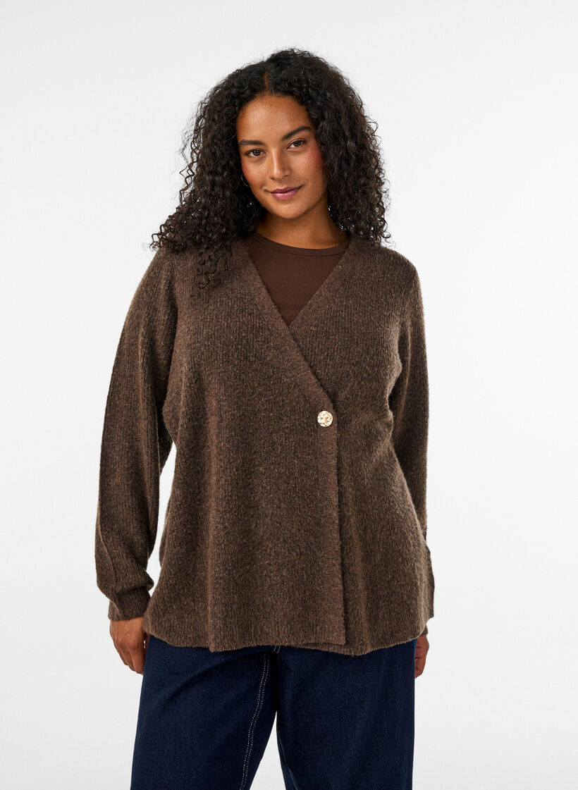 Gebreid vest met asymmetrische sluiting, Bruin, Model image number 0