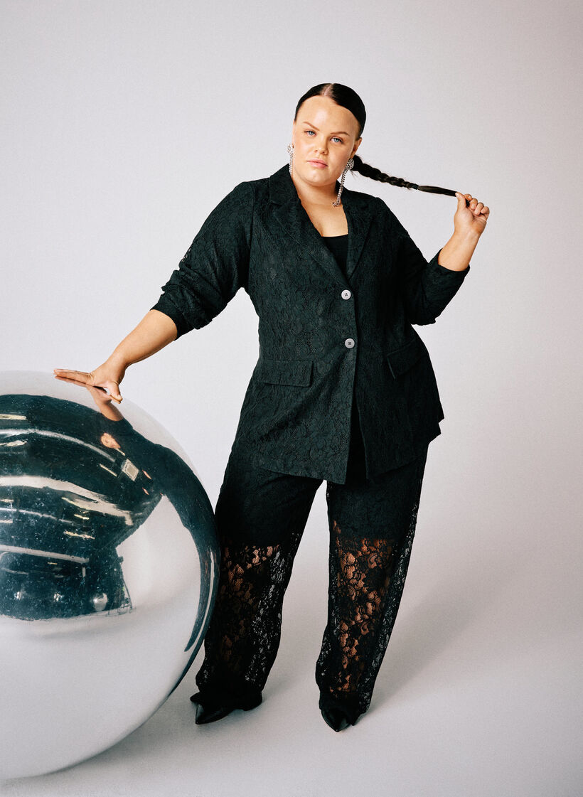 Kanten blazer met knoopsluiting, Zwart, Image image number 0